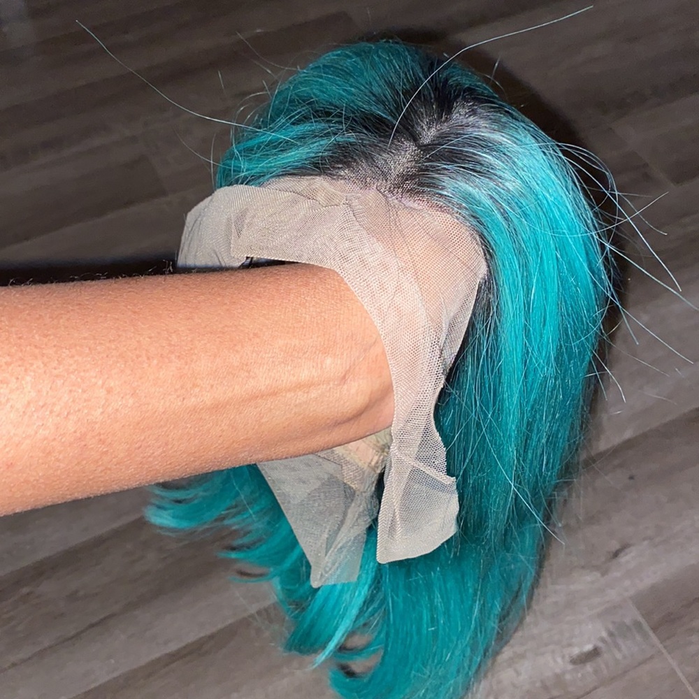 NWT 180% Density Human Hair Teal Blue Lace Front Wig With Black Roots - Picture 6 of 6